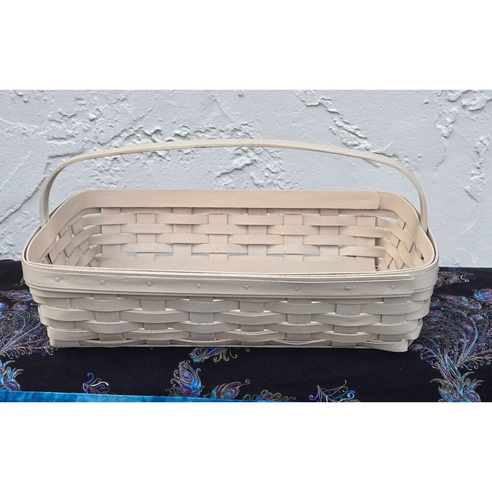 2002 Longaberger 13" Rectangle Fixed Center Handle Upcycled Antique White Basket - Picture 7 of 14